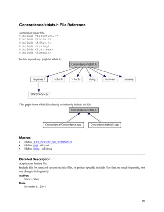 18
Concordance/stdafx.h File Reference
Application header file.
#include "targetver.h"
#include <stdio.h>
#include <tchar.h>
#include <string>
#include <iostream>
#include <iomanip>
Include dependency graph for stdafx.h:
This graph shows which files directly or indirectly include this file:
Macros
 #define _CRT_SECURE_NO_WARNINGS
 #define tcout std::cout
 #define tstring std::string
Detailed Description
Application header file.
Include file for standard system include files, or project specific include files that are used frequently, but
are changed infrequently
Author:
Mark L. Short
Date:
November 11, 2014
 