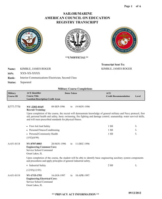 Page of1
09/12/2012
** PRIVACY ACT INFORMATION **
6
KIMBLE, JAMES ROGER
XXX-XX-XXXX
Interior Communications Electrician, Second Class
KIMBLE, JAMES ROGER
Transcript Sent To:
Name:
SSN:
Rank:
SAILOR/MARINE
AMERICAN COUNCIL ON EDUCATION
REGISTRY TRANSCRIPT
**UNOFFICIAL**
Military Course Completions
SeparatedStatus:
Military
Course ID
ACE Identifier
Course Title
Location-Description-Credit Areas
Dates Taken ACE
Credit Recommendation Level
Recruit Training:
Upon completion of the course, the recruit will demonstrate knowledge of general military and Navy protocol, first
aid, personal health and safety, basic swimming, fire fighting and damage control, seamanship, water survival skills,
and will meet prescribed standards for physical fitness.
NV-2202-0165X777-7770 09-SEP-1996 19-NOV-1996
First Aid And Safety
Personal Fitness/Conditioning
Personal/Community Health
L
L
L
1 SH
1 SH
1 SH
Engineering Common Core:
Engineering Electrical Core:
NV-0707-0003
NV-1715-1793
20-NOV-1996
16-JAN-1997
11-DEC-1996
10-APR-1997
Upon completion of the course, the student will be able to identify basic engineering auxiliary system components
and procedures and apply principles of general industrial safety.
A-651-0118
A-651-0119
Service School Command
Service School Command
Great Lakes, IL
Great Lakes, IL
Industrial Safety 2 SH L
(3/92)(8/99)
(12/95)(12/95)
to
to
to
 