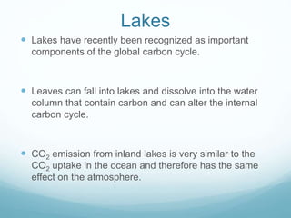 Lakes
 Lakes have recently been recognized as important
components of the global carbon cycle.
 Leaves can fall into lakes and dissolve into the water
column that contain carbon and can alter the internal
carbon cycle.
 CO2 emission from inland lakes is very similar to the
CO2 uptake in the ocean and therefore has the same
effect on the atmosphere.
 