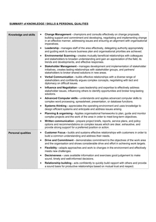 SUMMARY of KNOWLEDGE / SKILLS & PERSONAL QUALITIES
Knowledge and skills • Change Management - champions and consults effectively on change proposals,
building support and commitment and developing, negotiating and implementing change
in an effective manner, addressing issues and ensuring an alignment with organisational
imperatives.
• Leadership - manages staff of the area effectively, delegating authority appropriately
and guiding work to ensure business plan and organisational priorities are achieved.
• Environmental Scanning - creates mutually beneficial relationships with colleagues
and stakeholders to broaden understanding and gain an appreciation of the field, its
trends and developments, and effective responses.
• Stakeholder Management - manages development and implementation of stakeholder
initiatives, creates lasting relationships with stakeholder groups, and partners/
stakeholders to broker shared solutions in new areas.
• Verbal Communication - builds effective relationships with a diverse range of
stakeholders and confidently argues complex concepts, negotiating with tact and
diplomacy on difficult issues.
• Influence and Negotiation - uses leadership and expertise to effectively address
stakeholder issues, influencing others to identify opportunities and broker long-lasting
solutions.
• Advanced Computer skills - understands and applies advanced computer skills to
complex word processing, spreadsheet, presentation, or database functions.
• Systems thinking - appreciates the operating environment and uses knowledge to
design efficient systems and anticipate and address issues arising.
• Planning & organising - Applies organisational frameworks to plan, guide and monitor
complex projects and the work of the area in order to meet long-term objectives.
• Written communication - prepare project briefs, reports, service plans, and policy
options and recommendations on complex issues which are clear, exhaustive, and
provide strong support for a preferred position or action.
Personal qualities • Customer Focus - builds and sustains effective relationships with customers in order to
build a common understanding and address their needs.
• Drive and Commitment - demonstrates commitment to the objectives of the work area
and the organisation and shows considerable drive and effort in achieving work targets.
• Flexibility - adapts approaches and work to changes in the environment and effectively
meets new challenges.
• Decisiveness - uses available information and exercises good judgement to make
sound, timely and well-informed decisions.
• Relationship building - acts confidently to quickly build rapport with others and provide
a sound basis for productive relationships based on mutual trust and respect.
 