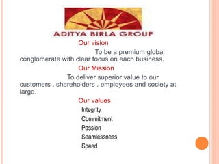 Our vision
To be a premium global
conglomerate with clear focus on each business.
Our Mission
To deliver superior value to our
customers , shareholders , employees and society at
large.
Our values
Integrity
Commitment
Passion
Seamlessness
Speed
 