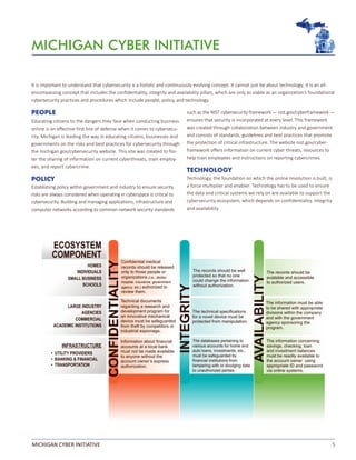 5MICHIGAN CYBER INITIATIVE
It is important to understand that cybersecurity is a holistic and continuously evolving concept. It cannot just be about technology; it is an all-
encompassing concept that includes the confidentiality, integrity and availability pillars, which are only as viable as an organization’s foundational
cybersecurity practices and procedures which include people, policy, and technology.
PEOPLE
MICHIGAN CYBER INITIATIVE
Educating citizens to the dangers they face when conducting business
online is an effective first line of defense when it comes to cybersecu-
rity. Michigan is leading the way in educating citizens, businesses and
governments on the risks and best practices for cybersecurity through
the michigan.gov/cybersecurity website. This site was created to fos-
ter the sharing of information on current cyberthreats, train employ-
ees, and report cybercrime.
POLICY
Establishing policy within government and industry to ensure security
risks are always considered when operating in cyberspace is critical to
cybersecurity. Building and managing applications, infrastructure and
computer networks according to common network security standards
such as the NIST cybersecurity framework — nist.gov/cyberframework —
ensures that security is incorporated at every level. This framework
was created through collaboration between industry and government
and consists of standards, guidelines and best practices that promote
the protection of critical infrastructure. The website nist.gov/cyber-
framework offers information on current cyber threats, resources to
help train employees and instructions on reporting cybercrimes.
TECHNOLOGY
Technology, the foundation on which the online revolution is built, is
a force multiplier and enabler. Technology has to be used to ensure
the data and critical systems we rely on are available to support the
cybersecurity ecosystem, which depends on confidentiality, integrity
and availability.
Confidential medical
records should be released
only to those people or
organizations (i.e., doctor,
hospital, insurance, government
agency, etc.) authorized to
review them.
The records should be well
protected so that no one
could change the information
without authorization.
The records should be
available and accessible
to authorized users.
Technical documents
regarding a research and
development program for
an innovative mechanical
device must be safeguarded
from theft by competitors or
industrial espionage.
The technical specifications
for a novel device must be
protected from manipulation.
The information must be able
to be shared with appropriate
divisions within the company
and with the government
agency sponsoring the
program.
The databases pertaining to
various accounts for home and
auto loans, investments, etc.,
must be safeguarded by
financial institutions from
tampering with or divulging data
to unauthorized parties.
The information concerning
savings, checking, loan
and investment balances
must be readily available to
the account owner using
appropriate ID and password
via online systems.
HOMES
INDIVIDUALS
SMALL BUSINESS
SCHOOLS
LARGE INDUSTRY
AGENCIES
COMMERCIAL
ACADEMIC INSTITUTIONS
INFRASTRUCTURE
• UTILITY PROVIDERS
• BANKING & FINANCIAL
• TRANSPORTATION
Information about financial
accounts at a local bank
must not be made available
to anyone without the
account owner’s express
authorization.
ECOSYSTEM
COMPONENT
 