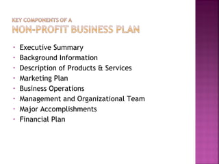 •   Executive Summary
•   Background Information
•   Description of Products & Services
•   Marketing Plan
•   Business Operations
•   Management and Organizational Team
•   Major Accomplishments
•   Financial Plan
 