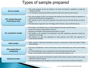 • The main purpose of size set sample is to check the factory's capability to make the
sample in all sizes
• 1-2 samples (or quantity specified by buyer) of each size need to send to buyer.
Size set sample
• The main purpose of GPT is to perform the physical and chemical testing on garment to
ensure the performance of the garment.
• GPT Sample is sent to 3rd party inspection and results are sent to both factory as well as
buyer.
• The tests done on garments are: Shrinkage, Color Fastness, Seam performance etc.
GPT sample (Garment
Performance Test)
• PP sample is considered to be a contract between the buyer and the factory.
• It has to be made in original fabric and trims
• Washing, embroidery and printing should match to actual.
• PP Sample is the standard for production and bulk production garments should be
identical to PP sample.
• The factory can start the production of bulk garment only after the approval of
preproduction sample.
Pre- production sample
• Wash sample is made and submitted to buyer for assessment of feel and handle of fabric
after washing.
Wash sample
• The top of production is sent to the buyer as soon initial pieces are come out of sewing
line.
• In TOP sample Buyer tries to evaluate the actual manufacturing of the style.
• Buyer check whether bulk production is as per submitted sample or not.
TOP sample (Top of
Production)
• Few buyers may ask for the shipment samples which factory needs to pull form the actual
shipment and sent to buyer.
• The main purpose of this sample is to assure buyer about the actual shipment dispatch.
Shipment sample
Source: http://www.textiletoday.com.bd/magazine/609
 