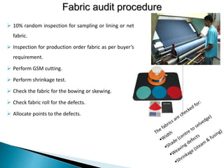  10% random inspection for sampling or lining or net
fabric.
 Inspection for production order fabric as per buyer’s
requirement.
 Perform GSM cutting.
 Perform shrinkage test.
 Check the fabric for the bowing or skewing.
 Check fabric roll for the defects.
 Allocate points to the defects.
 