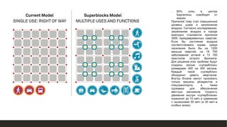 ❑ 60% улиц в центре
Барселоны освободят от
машин.
Причиной тому стал повышенный
уровень шума и загрязнение
воздуха. Согласно исследованию,
загрязнение воздуха в городе
ежегодно становится причиной
3500 преждевременных смертей.
Если бы состояние воздуха
соответствовало норме, среди
населения было бы на 1200
меньше смертей, на 18 700
заболеваний астмой и 12 100
приступов острого бронхита.
Для решения этих проблем будут
созданы жилые «суперблоки»
размерами 400 на 400 метров.
Каждый такой «суперблок»
объединит девять кварталов.
Внутрь блоков смогут проезжать
только машины резидентов и
спецтранспорта, а также
грузовики для обеспечения
местных магазинов. Скорость
движения внутри «суперблоков»
ограничат до 10 км/ч в сравнении
с нынешними 50 км/ч (и 30 км/ч в
особых зонах).
 