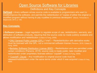 Open Source Software for Libraries
Definitions and Key Concepts
Defined: Library software whose source code is available to programmers who want to
modify/improve the software, and permits the redistribution of “copies of either the original or
modified program without having to pay royalties to previous developers” (Macan, Fernandez &
Stojanovski, 2013, p. 138)
Key Concepts:
Software License – Legal regulation to regulate scope of use, redistribution, warranty, and
attribution of software products, requiring that the source code be made publicly available and
allows modification and redistribution (Colazo & Fang, 2009)
GNU General Public License (GPL) (“viral”) – Rededistribution with derivative works
must be licensed with the GPL, not a commercial software license (Parsons, 2016; Colazo &
Fang, 2009)
Berkeley Software Distribution License (BSD) – Redistribution and use permitted under
certain conditions (Parsons, 2016); source code is made public, later modified and
redistributed under proprietary licenses without “copyleft” (Colazo & Fang, 2009)
“Copyleft” Clause – Any modification to original source code must be
released/redistributed under the same terms under which it was acquired (Colazo & Fang,
2009)
 