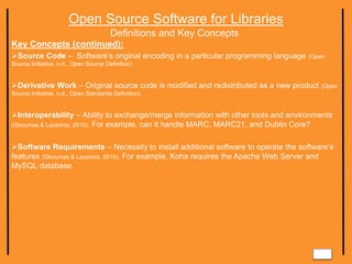 Open Source Software for Libraries
Definitions and Key Concepts
Key Concepts (continued):
Source Code – Software’s original encoding in a particular programming language (Open
Source Initiative, n.d., Open Source Definition)
Derivative Work – Original source code is modified and redistributed as a new product (Open
Source Initiative, n.d., Open Standards Definition)
Interoperability – Ability to exchange/merge information with other tools and environments
(Gkoumas & Lazarinis, 2015). For example, can it handle MARC, MARC21, and Dublin Core?
Software Requirements – Necessity to install additional software to operate the software’s
features (Gkoumas & Lazarinis, 2015). For example, Koha requires the Apache Web Server and
MySQL database.
 