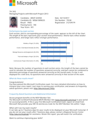 0%
74-343
Managing Projects with Microsoft Project 2013
Candidate: ARIJIT GHOSH Date: 02/13/2017
Candidate ID: MS0615898225 Site Number: 75538
Result: PASS Registration: 312109779
Passing Score: 700
Your Score: 831
Performance by exam section
Each section, and its corresponding percentage of the exam, appears to the left of the chart.
The length of the bars represents your section-level performance. Shorter bars reflect weaker
performance, and longer bars reflect stronger performance.
100%
Note: Because the number of questions in each section varies, the length of the bars cannot be
used to calculate the number of questions answered correctly, and bars cannot be combined to
determine percentage of questions answered correctly on the overall exam. If a bar is not
displayed for a skill area, no questions were answered correctly in that section of the exam.
What do these results mean?
Congratulations!
You have passed this Microsoft Certification exam. For more detailed information on how to
interpret your score report, next steps to earning your certification, and answers to frequently
asked questions, please visit: http://aka.ms/score_FAQs
Frequently Asked Questions and Additional Information
Access program benefits at the MCP Member Site
The Microsoft Certified Professional (MCP) Member Site (www.microsoft.com/mcp) is your portal
for accessing benefits. If this is your first Microsoft Certification Exam, expect an email from
Microsoft that provides your MC ID and Access Code for the MCP Member Site within 7 days.
When will I see my exam results?
It can take up to 7 business days for your results to be displayed on your Microsoft transcript. If
you do not see your results after 7 business days, please contact a Regional Service Center
(http://aka.ms/mcphelp) for assistance. Retain this report; you will need it for verification.
Want to continue improving your skills?
Initialize a Project (15-20%)
Create a Task-Based Schedule (20-25%)
Manage Resources and Assignments (20-25%)
Track and Analyze a Project (20-25%)
Communicate Project Information (15-20%)
 