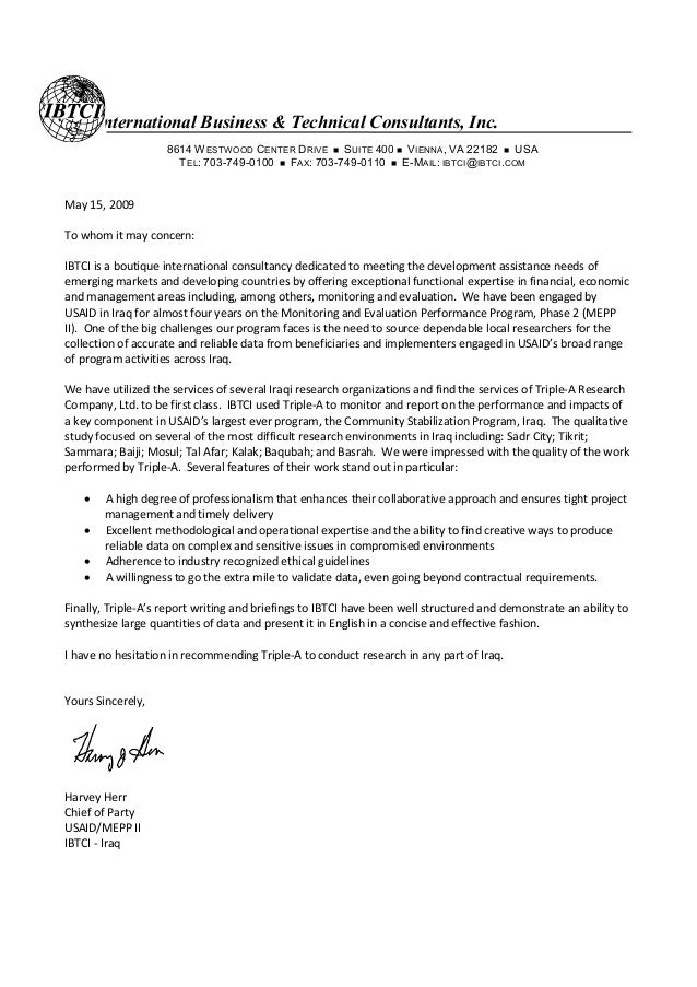Ibtci Usaid Reference Letter To Triple A Research Co Ltd