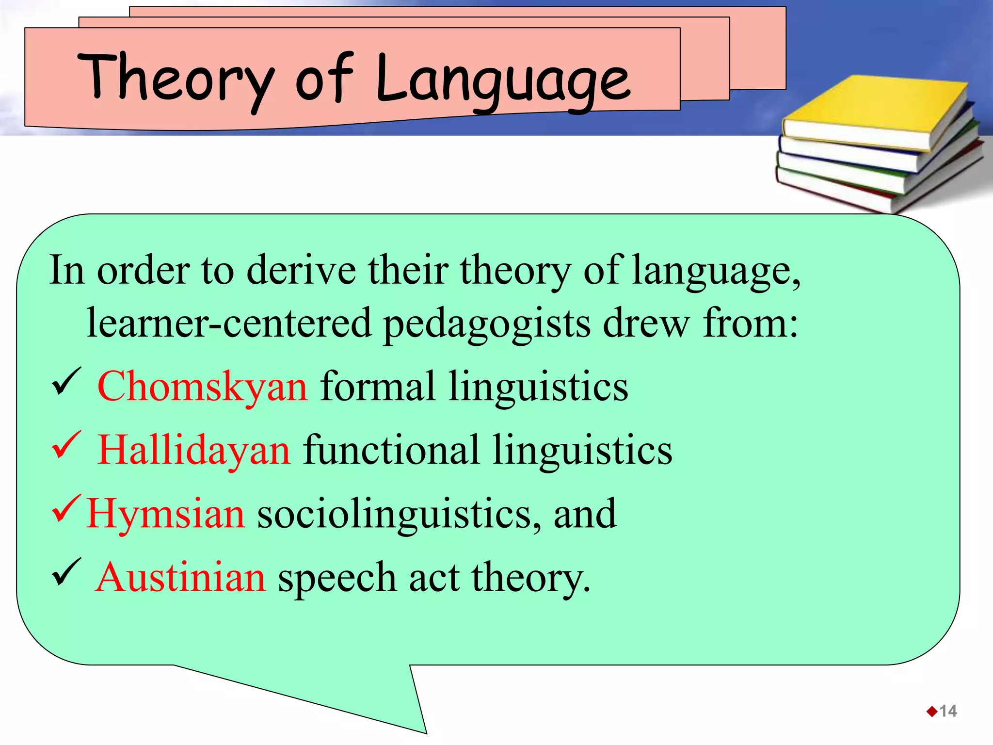 Theory of Language
In order to derive their theory of language,
learner-centered pedagogists drew from:
 Chomskyan formal linguistics
 Hallidayan functional linguistics
Hymsian sociolinguistics, and
 Austinian speech act theory.
14
 
