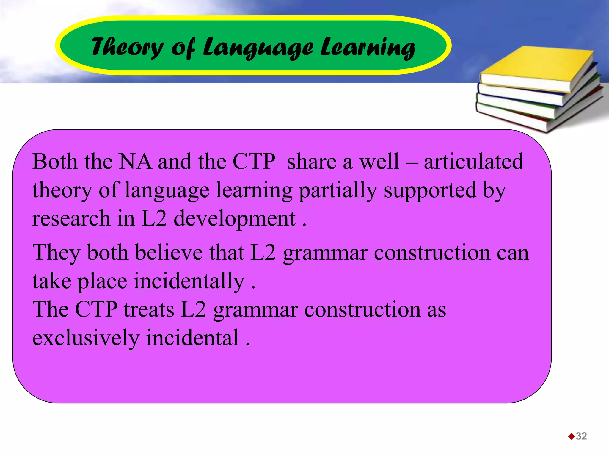 32
Both the NA and the CTP share a well – articulated
theory of language learning partially supported by
research in L2 development .
They both believe that L2 grammar construction can
take place incidentally .
The CTP treats L2 grammar construction as
exclusively incidental .
Theory of Language Learning
 