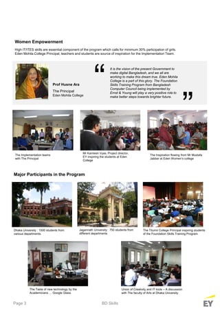 Page 3
Women Empowerment
High IT/ITES skills are essential component of the program which calls for minimum 30% participation of girls.
Eden Mohila College Principal, teachers and students are source of inspiration for the Implementation Team.
Prof Husne Ara
The Principal
Eden Mohila College
It is the vision of the present Government to
make digital Bangladesh, and we all are
working to make this dream true. Eden Mohila
College is a part of this glory. The Foundation
Skills Training Program from Bangladesh
Computer Council being implemented by
Ernst & Young will play a very positive role to
make better steps towards brighter future.
“ “
The Implementation teams
with The Principal
Mr Kamlesh Vyas, Project director,
EY inspiring the students at Eden
College
The Inspiration flowing from Mr Mustafa
Jabbar at Eden Women’s college
Major Participants in the Program
BD Skills
Dhaka University : 1500 students from
various departments.
Jagannath University: 750 students from
different departments
The Titumir College Principal inspiring students
of the Foundation Skills Training Program
The Taste of new technology by the
Academicians … Google Glass.
Union of Creativity and IT tools – A discussion
with The faculty of Arts at Dhaka University
 