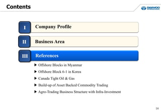 Contents
I
Company Profile
14
ReferencesIII
II Business Area
Company Profile
▶ Offshore Blocks in Myanmar
▶ Offshore Block 6-1 in Korea
▶ Canada Tight Oil & Gas
▶ Build-up of Asset Backed Commodity Trading
▶ Agro-Trading Business Structure with Infra-Investment
 