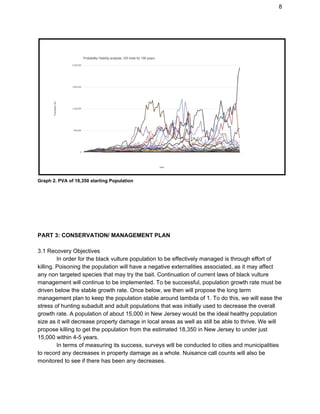 8
Graph 2. PVA of 18,350 starting Population
PART 3: CONSERVATION/ MANAGEMENT PLAN
3.1 Recovery Objectives
In order for the black vulture population to be effectively managed is through effort of
killing. Poisoning the population will have a negative externalities associated, as it may affect
any non targeted species that may try the bait. Continuation of current laws of black vulture
management will continue to be implemented. To be successful, population growth rate must be
driven below the stable growth rate. Once below, we then will propose the long term
management plan to keep the population stable around lambda of 1. To do this, we will ease the
stress of hunting subadult and adult populations that was initially used to decrease the overall
growth rate. A population of about 15,000 in New Jersey would be the ideal healthy population
size as it will decrease property damage in local areas as well as still be able to thrive. We will
propose killing to get the population from the estimated 18,350 in New Jersey to under just
15,000 within 4-5 years.
In terms of measuring its success, surveys will be conducted to cities and municipalities
to record any decreases in property damage as a whole. Nuisance call counts will also be
monitored to see if there has been any decreases.
 