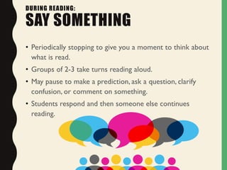 DURING READING:
SAY SOMETHING
• Periodically stopping to give you a moment to think about
what is read.
• Groups of 2-3 take turns reading aloud.
• May pause to make a prediction, ask a question, clarify
confusion, or comment on something.
• Students respond and then someone else continues
reading.
 