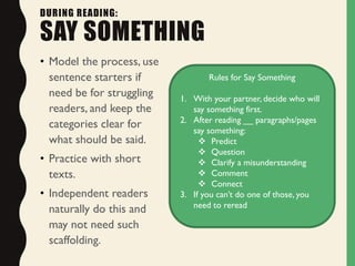 DURING READING:
SAY SOMETHING
• Model the process, use
sentence starters if
need be for struggling
readers, and keep the
categories clear for
what should be said.
• Practice with short
texts.
• Independent readers
naturally do this and
may not need such
scaffolding.
Rules for Say Something
1. With your partner, decide who will
say something first.
2. After reading __ paragraphs/pages
say something:
 Predict
 Question
 Clarify a misunderstanding
 Comment
 Connect
3. If you can’t do one of those, you
need to reread
 