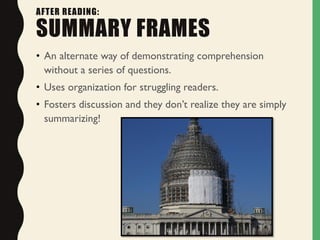AFTER READING:
SUMMARY FRAMES
• An alternate way of demonstrating comprehension
without a series of questions.
• Uses organization for struggling readers.
• Fosters discussion and they don’t realize they are simply
summarizing!
 