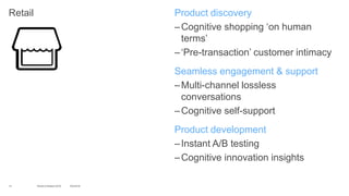 Retail Product discovery
–Cognitive shopping ‘on human
terms’
–‘Pre-transaction’ customer intimacy
Seamless engagement & support
–Multi-channel lossless
conversations
–Cognitive self-support
Product development
–Instant A/B testing
–Cognitive innovation insights
14 10/2/2016World of Watson 2016
 