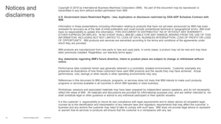 Notices and
disclaimers
Copyright © 2016 by International Business Machines Corporation (IBM). No part of this document may be reproduced or
transmitted in any form without written permission from IBM.
U.S. Government Users Restricted Rights - Use, duplication or disclosure restricted by GSA ADP Schedule Contract with
IBM.
Information in these presentations (including information relating to products that have not yet been announced by IBM) has been
reviewed for accuracy as of the date of initial publication and could include unintentional technical or typographical errors. IBM shall
have no responsibility to update this information. THIS DOCUMENT IS DISTRIBUTED "AS IS" WITHOUT ANY WARRANTY,
EITHER EXPRESS OR IMPLIED. IN NO EVENT SHALL IBM BE LIABLE FOR ANY DAMAGE ARISING FROM THE USE OF THIS
INFORMATION, INCLUDING BUT NOT LIMITED TO, LOSS OF DATA, BUSINESS INTERRUPTION, LOSS OF PROFIT OR LOSS
OF OPPORTUNITY. IBM products and services are warranted according to the terms and conditions of the agreements under
which they are provided.
IBM products are manufactured from new parts or new and used parts. In some cases, a product may not be new and may have
been previously installed. Regardless, our warranty terms apply.”
Any statements regarding IBM's future direction, intent or product plans are subject to change or withdrawal without
notice.
Performance data contained herein was generally obtained in a controlled, isolated environments. Customer examples are
presented as illustrations of how those customers have used IBM products and the results they may have achieved. Actual
performance, cost, savings or other results in other operating environments may vary.
References in this document to IBM products, programs, or services does not imply that IBM intends to make such products,
programs or services available in all countries in which IBM operates or does business.
Workshops, sessions and associated materials may have been prepared by independent session speakers, and do not necessarily
reflect the views of IBM. All materials and discussions are provided for informational purposes only, and are neither intended to, nor
shall constitute legal or other guidance or advice to any individual participant or their specific situation.
It is the customer’s responsibility to insure its own compliance with legal requirements and to obtain advice of competent legal
counsel as to the identification and interpretation of any relevant laws and regulatory requirements that may affect the customer’s
business and any actions the customer may need to take to comply with such laws. IBM does not provide legal advice or represent
or warrant that its services or products will ensure that the customer is in compliance with any law.
18 10/2/2016World of Watson 2016
 