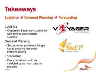 Takeaways
Logistics  Demand Planning  Forecasting
Logistics
• Ownership & teamwork combined
with defined goals equals
success
Demand Planning
• Second-order problem solving is
key to avoiding first-order
problem solving
Forecasting
• Every decision should be
validated by as much data as
possible
8/31/2015 17
 
