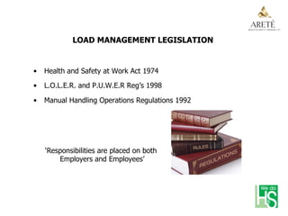 LOAD MANAGEMENT LEGISLATION
•  Health and Safety at Work Act 1974
•  L.O.L.E.R. and P.U.W.E.R Reg’s 1998
•  Manual Handling Operations Regulations 1992
‘Responsibilities are placed on both
Employers and Employees’
 