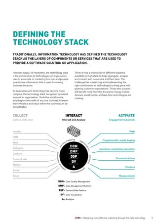 ADMA | Delivering more effective marketing through the right technology 5
However, today, for marketers, the technology stack
is the combination of technologies an organisation
uses to automate its marketing function and provide
quantitative information that is used for making
business decisions.
As businesses and technology has become more
complex, the technology stack has grown to extend
beyond an organisation. Tools like social media,
exist beyond the walls of any one business, however
their influence and value within the business can be
considerable.
There is now a wide range of different solutions
available to marketers, to help aggregate, analyse
and interact with customers and their data. The
challenge lies in selecting and implementing the
right combination of technologies to keep pace with
growing customer expectations. Those who succeed
will benefit most from the disruptive change mobile
devices; social media; and real-time technologies are
creating.
DEFINING THE
TECHNOLOGY STACK
TRADITIONALLY, INFORMATION TECHNOLOGY HAS DEFINED THE TECHNOLOGY
STACK AS THE LAYERS OF COMPONENTS OR SERVICES THAT ARE USED TO
PROVIDE A SOFTWARE SOLUTION OR APPLICATION.
COLLECT
Collect and Listen
Loyalty
INTERACT
Interact and Analyse
ACTIVATE
Engagement Channels
CRM
Web
3rd party
Content
Point of sale
Web
Programmatic media buying
Customer marketing execution
Communications
Content
Measurement
Mobile
Social
Email
DQM - Data Quality Management
DMP - Data Management Platform
DSP - Demand Side Platform
DV - Data Visualisation
A - Analytics
jour
ney mapping segm
e
ntation
personas
personalisation
cust
om
erexperience
DV
DQM
DMP
DSP
A
 