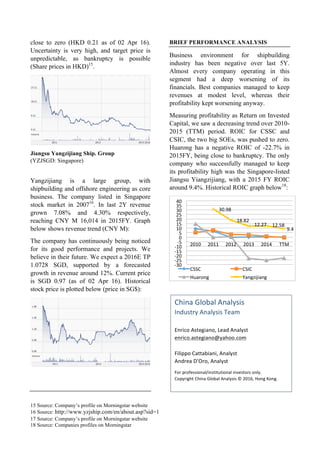 15 Source: Company’s profile on Morningstar website
16 Source: http://www.yzjship.com/en/about.asp?sid=1
17 Source: Company’s profile on Morningstar website
18 Source: Companies profiles on Morningstar
close to zero (HKD 0.21 as of 02 Apr 16).
Uncertainty is very high, and target price is
unpredictable, as bankruptcy is possible
(Share prices in HKD)15
.
Jiangsu Yangzijiang Ship. Group
(YZJSGD: Singapore)
Yangzijiang is a large group, with
shipbuilding and offshore engineering as core
business. The company listed in Singapore
stock market in 200716
. In last 2Y revenue
grown 7.08% and 4.30% respectively,
reaching CNY M 16,014 in 2015FY. Graph
below shows revenue trend (CNY M):
The company has continuously being noticed
for its good performance and projects. We
believe in their future. We expect a 2016E TP
1.0728 SGD, supported by a forecasted
growth in revenue around 12%. Current price
is SGD 0.97 (as of 02 Apr 16). Historical
stock price is plotted below (price in SG$):
BRIEF PERFORMANCE ANALYSIS
Business environment for shipbuilding
industry has been negative over last 5Y.
Almost every company operating in this
segment had a deep worsening of its
financials. Best companies managed to keep
revenues at modest level, whereas their
profitability kept worsening anyway.
Measuring profitability as Return on Invested
Capital, we saw a decreasing trend over 2010-
2015 (TTM) period. ROIC for CSSC and
CSIC, the two big SOEs, was pushed to zero.
Huarong has a negative ROIC of -22.7% in
2015FY, being close to bankruptcy. The only
company who successfully managed to keep
its profitability high was the Singapore-listed
Jiangsu Yiangzijiang, with a 2015 FY ROIC
around 9.4%. Historical ROIC graph below18
:
30.98	
18.82	
12.27	 12.58	
9.4	
-30	
-25	
-20	
-15	
-10	
-5	
0	
5	
10	
15	
20	
25	
30	
35	
40	
2010	 2011	 2012	 2013	 2014	 TTM	
CSSC	 CSIC	
Huarong	 Yangzijiang	
China	Global	Analysis	
Industry	Analysis	Team	
	
Enrico	Astegiano,	Lead	Analyst	
enrico.astegiano@yahoo.com	
	
Filippo	Cattabiani,	Analyst	
Andrea	D’Oro,	Analyst	
For	professional/institutional	investors	only.	
Copyright	China	Global	Analysis	©	2016,	Hong	Kong.	
 