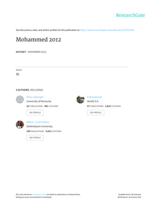 See	discussions,	stats,	and	author	profiles	for	this	publication	at:	https://www.researchgate.net/publication/233732154
Mohammed	2012
DATASET	·	NOVEMBER	2012
READS
35
5	AUTHORS,	INCLUDING:
Anisa	Jahangiri
University	of	Kentucky
22	PUBLICATIONS			441	CITATIONS			
SEE	PROFILE
Erik	Eckhardt
Nestlé	S.A.
57	PUBLICATIONS			1,014	CITATIONS			
SEE	PROFILE
Willem	J	S	de	Villiers
Stellenbosch	University
158	PUBLICATIONS			5,414	CITATIONS			
SEE	PROFILE
All	in-text	references	underlined	in	blue	are	linked	to	publications	on	ResearchGate,
letting	you	access	and	read	them	immediately.
Available	from:	Erik	Eckhardt
Retrieved	on:	30	January	2016
 
