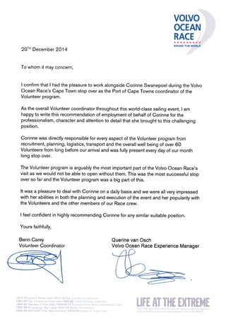 Volvo Ocean Race Reference letter 2014