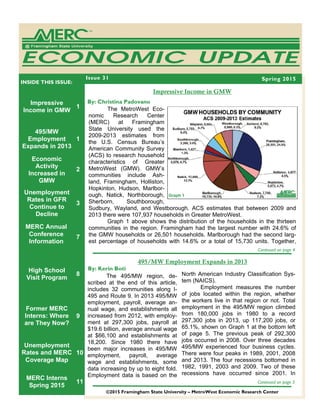 Impressive
Income in GMW
1
495/MW
Employment
Expands in 2013
1
2
Unemployment
Rates in GFR
Continue to
Decline
3
7
Former MERC
Interns: Where
are They Now?
9
Unemployment
Rates and MERC
Coverage Map
10
MERC Interns
Spring 2015
11
High School
Visit Program
8
INSIDE THIS ISSUE:
495/MW Employment Expands in 2013
The 495/MW region, de-
scribed at the end of this article,
includes 32 communities along I-
495 and Route 9. In 2013 495/MW
employment, payroll, average an-
nual wage, and establishments all
increased from 2012, with employ-
ment at 297,300 jobs, payroll at
$19.6 billion, average annual wage
at $66,100 and establishments at
18,200. Since 1980 there have
been major increases in 495/MW
employment, payroll, average
wage and establishments, some
data increasing by up to eight fold.
Employment data is based on the
Issue 31
The MetroWest Eco-
nomic Research Center
(MERC) at Framingham
State University used the
2009-2013 estimates from
the U.S. Census Bureau’s
American Community Survey
(ACS) to research household
characteristics of Greater
MetroWest (GMW). GMW’s
communities include Ash-
land, Framingham, Holliston,
Hopkinton, Hudson, Marlbor-
ough, Natick, Northborough,
Sherborn, Southborough,
Sudbury, Wayland, and Westborough. ACS estimates that between 2009 and
2013 there were 107,937 households in Greater MetroWest.
Graph 1 above shows the distribution of the households in the thirteen
communities in the region. Framingham had the largest number with 24.6% of
the GMW households or 26,501 households. Marlborough had the second larg-
est percentage of households with 14.6% or a total of 15,730 units. Together,
By: Christina Padovano
Continued on page 4
Continued on page 5
©2015 Framingham State University – MetroWest Economic Research Center
By: Kerin Boti
North American Industry Classification Sys-
tem (NAICS).
Employment measures the number
of jobs located within the region, whether
the workers live in that region or not. Total
employment in the 495/MW region climbed
from 180,000 jobs in 1980 to a record
297,300 jobs in 2013, up 117,200 jobs, or
65.1%, shown on Graph 1 at the bottom left
of page 5. The previous peak of 292,300
jobs occurred in 2008. Over three decades
495/MW experienced four business cycles.
There were four peaks in 1989, 2001, 2008
and 2013. The four recessions bottomed in
1982, 1991, 2003 and 2009. Two of these
recessions have occurred since 2001. In
Spring 2015
Graph 1
Impressive Income in GMW
Economic
Activity
Increased in
GMW
MERC Annual
Conference
Information
 