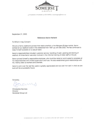 Somerset Seafoods Reference Letter 2003