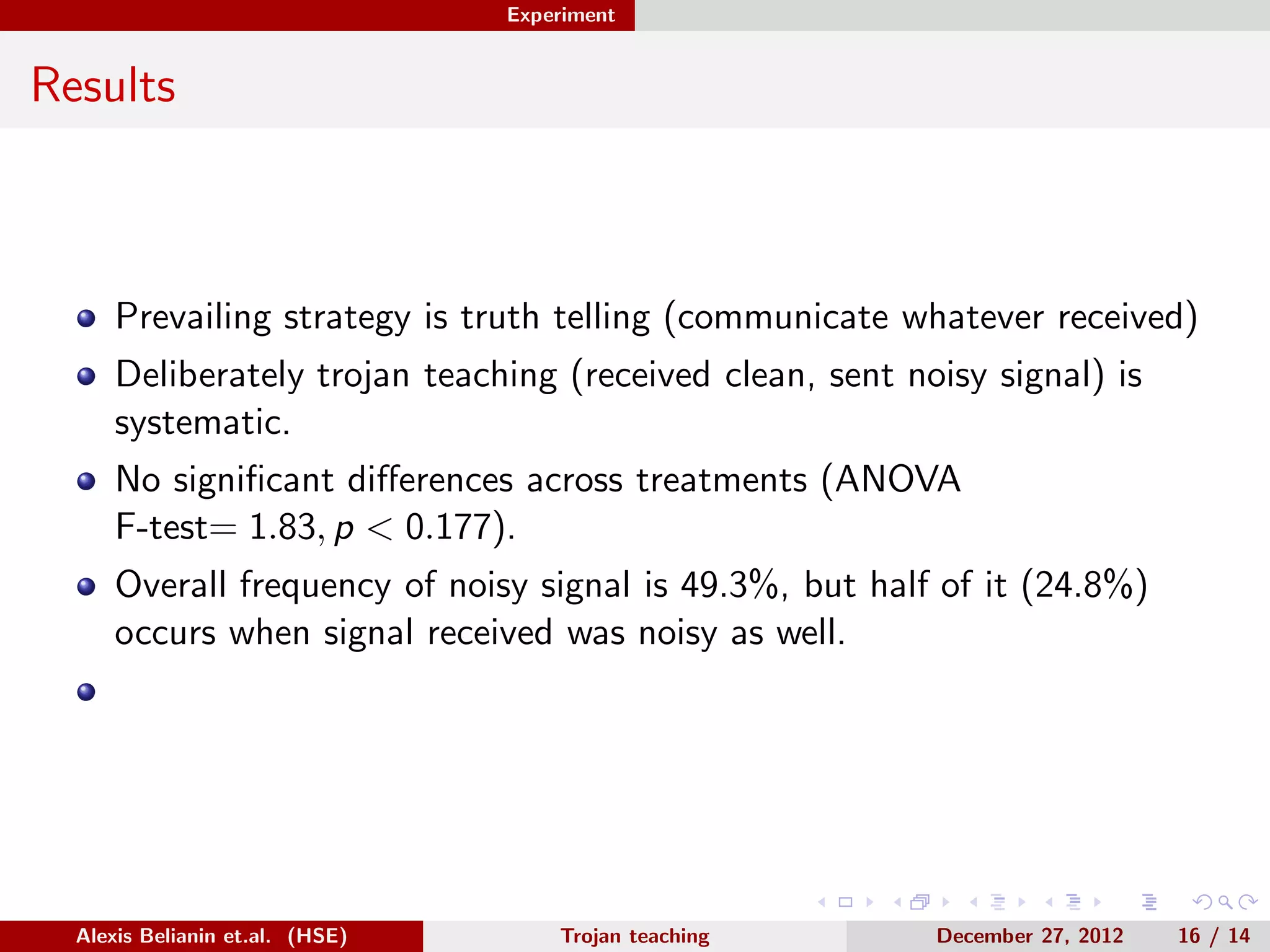 Experiment
Results
Prevailing strategy is truth telling (communicate whatever received)
Deliberately trojan teaching (received clean, sent noisy signal) is
systematic.
No signiﬁcant diﬀerences across treatments (ANOVA
F-test= 1.83, p < 0.177).
Overall frequency of noisy signal is 49.3%, but half of it (24.8%)
occurs when signal received was noisy as well.
Alexis Belianin et.al. (HSE) Trojan teaching December 27, 2012 16 / 14
 