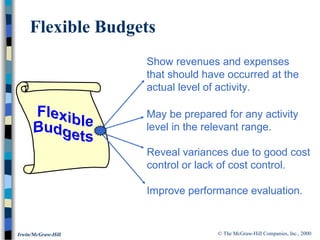 © The McGraw-Hill Companies, Inc., 2000Irwin/McGraw-Hill
Flexible Budgets
Improve performance evaluation.
May be prepared for any activity
level in the relevant range.
Show revenues and expenses
that should have occurred at the
actual level of activity.
Reveal variances due to good cost
control or lack of cost control.
 