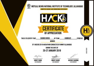 MOTILAL NEHRU NATIONAL INSTITUTE OF TECHNOLOGY, ALLAHaBAD
CERTIFICATE
of appreciation
COMPUTER SCIENCE AND ENGINEERING DEPARTMENT
This is to certify that__________________of Team _________________stood as
______________________
of HACK36 2019 hackathon conducted by MNNIT Allahabad
during the days of
25-27 January 2019
ABHEY RANA MOHIT KHARE
Shanko Ghosh Kamikaze
WINNER
HCK3619030
AKSHAY SHARMA
LEAD-ORGANISER LEAD-ORGANISER LEAD-ORGANISER
H
 