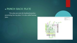 ▶PUNCH BACK PLATE
This plate prevents the hardened punches
penetrating into top plate. It is also called backup
plate.
 