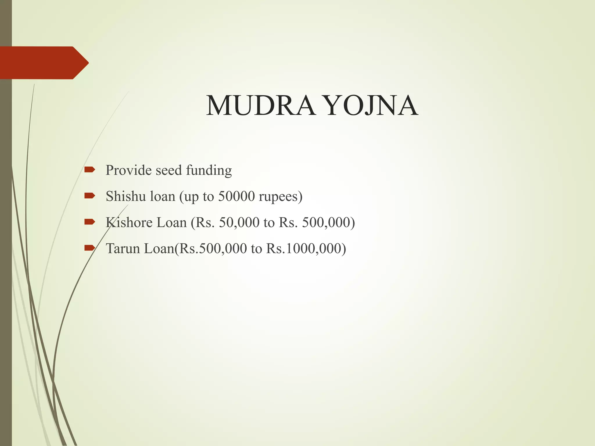 MUDRA YOJNA
 Provide seed funding
 Shishu loan (up to 50000 rupees)
 Kishore Loan (Rs. 50,000 to Rs. 500,000)
 Tarun Loan(Rs.500,000 to Rs.1000,000)
 