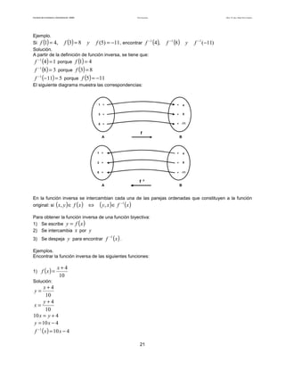 Teoría de funciones

Facultad de Contaduría y Administración. UNAM

Ejemplo.

()

()

Autor: Dr. José Manuel Becerra Espinosa

−1

Si f 1 = 4, f 3 = 8 y f (5) = −11 , encontrar f
Solución.
A partir de la definición de función inversa, se tiene que:

(4),

f

−1

(8)

y

f −1 ( −11)

f −1 (4 ) = 1 porque f (1) = 4
f −1 (8) = 3 porque f (3) = 8
f −1 (− 11) = 5 porque f (5) = −11

El siguiente diagrama muestra las correspondencias:

1

*

*

4

3

*

*

8

5

*

*

-11

f
A

B

1

*

*

4

3

*

*

8

5

*

*

-11

f -1
A

B

En la función inversa se intercambian cada una de las parejas ordenadas que constituyen a la función
original: si ( x, y ) ∈ f ( x )

⇔

( y , x ) ∈ f −1 ( x )

Para obtener la función inversa de una función biyectiva:
1) Se escribe y = f x
2) Se intercambia x por y

( )

3) Se despeja y para encontrar f

−1

(x ) .

Ejemplos.
Encontrar la función inversa de las siguientes funciones:
1) f ( x ) =

x+4
10

Solución:

x+4
10
y+4
x=
10
10 x = y + 4
y = 10 x − 4
f −1 ( x ) = 10 x − 4
y=

21

 