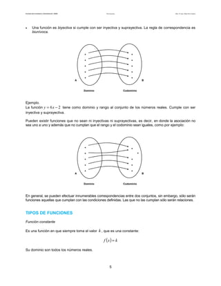 Teoría de funciones

Facultad de Contaduría y Administración. UNAM

•

Autor: Dr. José Manuel Becerra Espinosa

Una función es biyectiva si cumple con ser inyectiva y suprayectiva. La regla de correspondencia es
biunívoca.

*
*

*

*

*

*
A

*

*

*

*

Dominio

B

Codominio

Ejemplo.
La función y = 6 x − 2 tiene como dominio y rango al conjunto de los números reales. Cumple con ser
inyectiva y suprayectiva.
Pueden existir funciones que no sean ni inyectivas ni suprayectivas, es decir, en donde la asociación no
sea uno a uno y además que no cumplan que el rango y el codominio sean iguales, como por ejemplo:

*

*
*

*
*
*
A

*
*

*

*

Dominio

B

Codominio

En general, se pueden efectuar innumerables correspondencias entre dos conjuntos, sin embargo, sólo serán
funciones aquellas que cumplan con las condiciones definidas. Las que no las cumplan sólo serán relaciones.

TIPOS DE FUNCIONES
Función constante
Es una función en que siempre toma el valor

k , que es una constante:
f (x ) = k

Su dominio son todos los números reales.

5

 