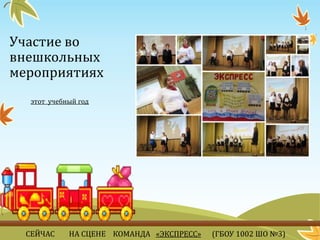 Участие во
внешкольных
мероприятиях
этот учебный год
СЕЙЧАС НА СЦЕНЕ КОМАНДА «ЭКСПРЕСС» (ГБОУ 1002 ШО №3)