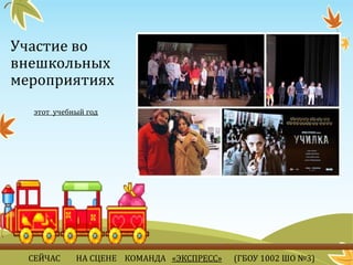 Участие во
внешкольных
мероприятиях
этот учебный год
СЕЙЧАС НА СЦЕНЕ КОМАНДА «ЭКСПРЕСС» (ГБОУ 1002 ШО №3)