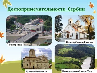 Достопримечательности Сербии
Город Ниш
Церковь Любостиня Национальный парк Тара
Церковь Святого Николая