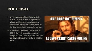ROC Curves
◈ A receiver operating characteristic
curve, i.e. ROC curve, is a graphical
plot that illustrates the diagnostic
ability of a binary classifier system as
its discrimination threshold is varied.
◈ A Receiver Operating Characteristic
(ROC) Curve is a way to compare
diagnostic tests. It is a plot of the true
positive rate against the false positive
rate.
 