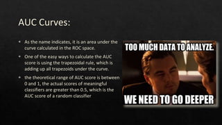 AUC Curves:
◈ As the name indicates, it is an area under the
curve calculated in the ROC space.
◈ One of the easy ways to calculate the AUC
score is using the trapezoidal rule, which is
adding up all trapezoids under the curve.
◈ the theoretical range of AUC score is between
0 and 1, the actual scores of meaningful
classifiers are greater than 0.5, which is the
AUC score of a random classifier
 