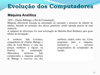 13
Evolução dos Computadores
Máquina Analítica
 