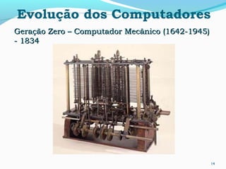 14
Evolução dos Computadores
Geração Zero – Computador Mecânico (1642-1945)Geração Zero – Computador Mecânico (1642-1945)
- 1834- 1834
 