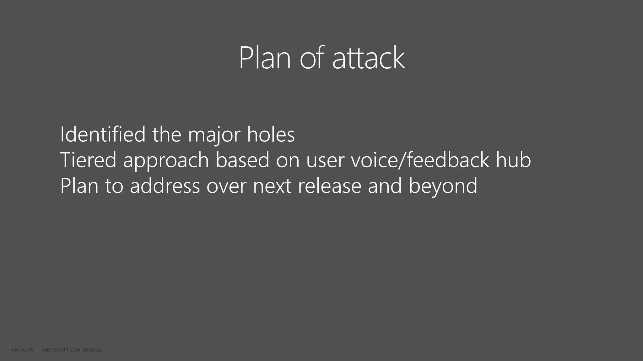 Plan of attack
Identified the major holes
Tiered approach based on user voice/feedback hub
Plan to address over next release and beyond
 