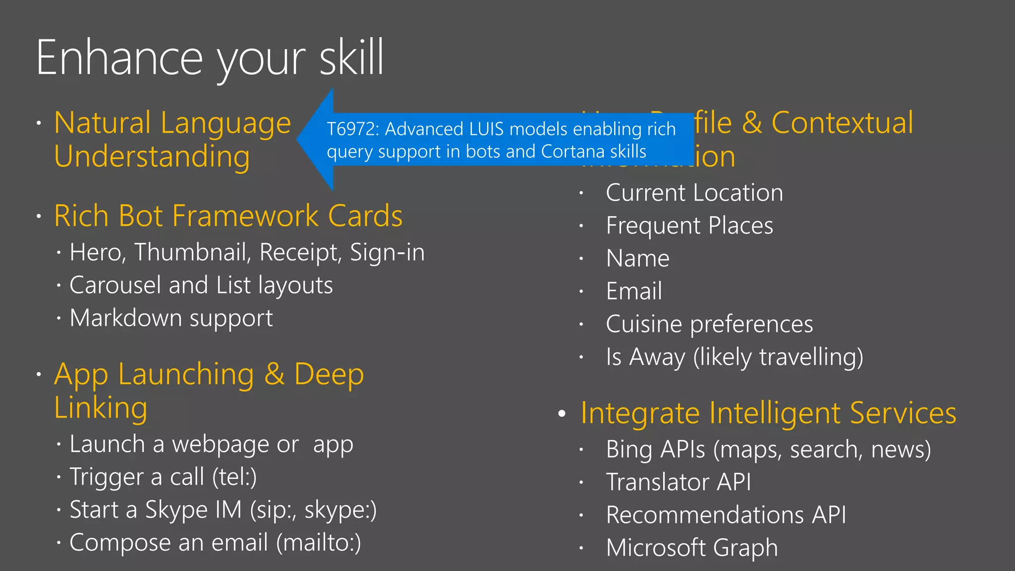 Upgrade conversations
from chat to speech and
all of the power of video
and graphics to build a
really powerful intelligent
multi-modal experience
on Skype with our new
real-time media SDK