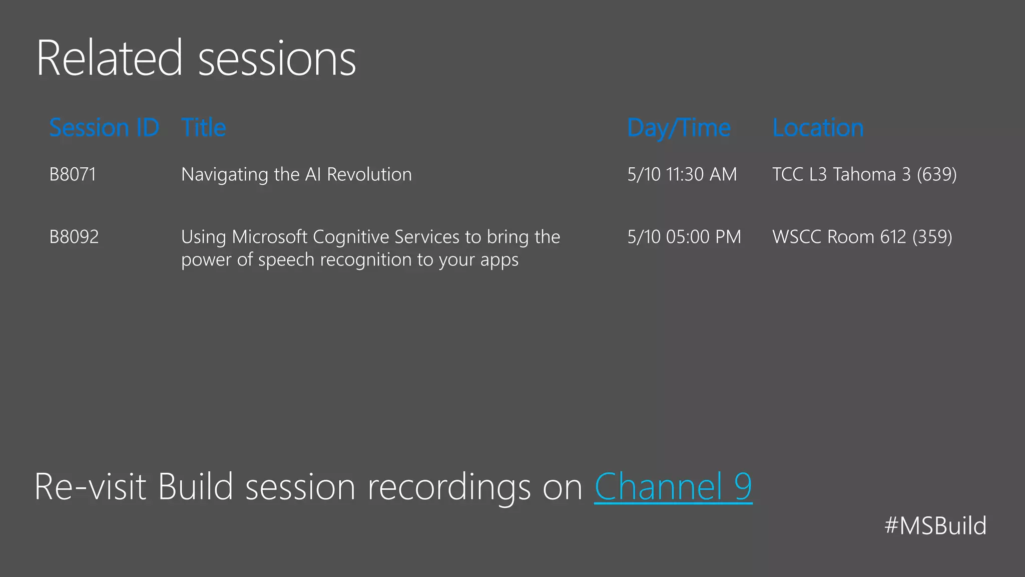 #MSBuild
Re-visit Build session recordings on Channel 9
Session ID Title Day/Time Location
B8071 Navigating the AI Revolution 5/10 11:30 AM TCC L3 Tahoma 3 (639)
B8092 Using Microsoft Cognitive Services to bring the
power of speech recognition to your apps
5/10 05:00 PM WSCC Room 612 (359)
 