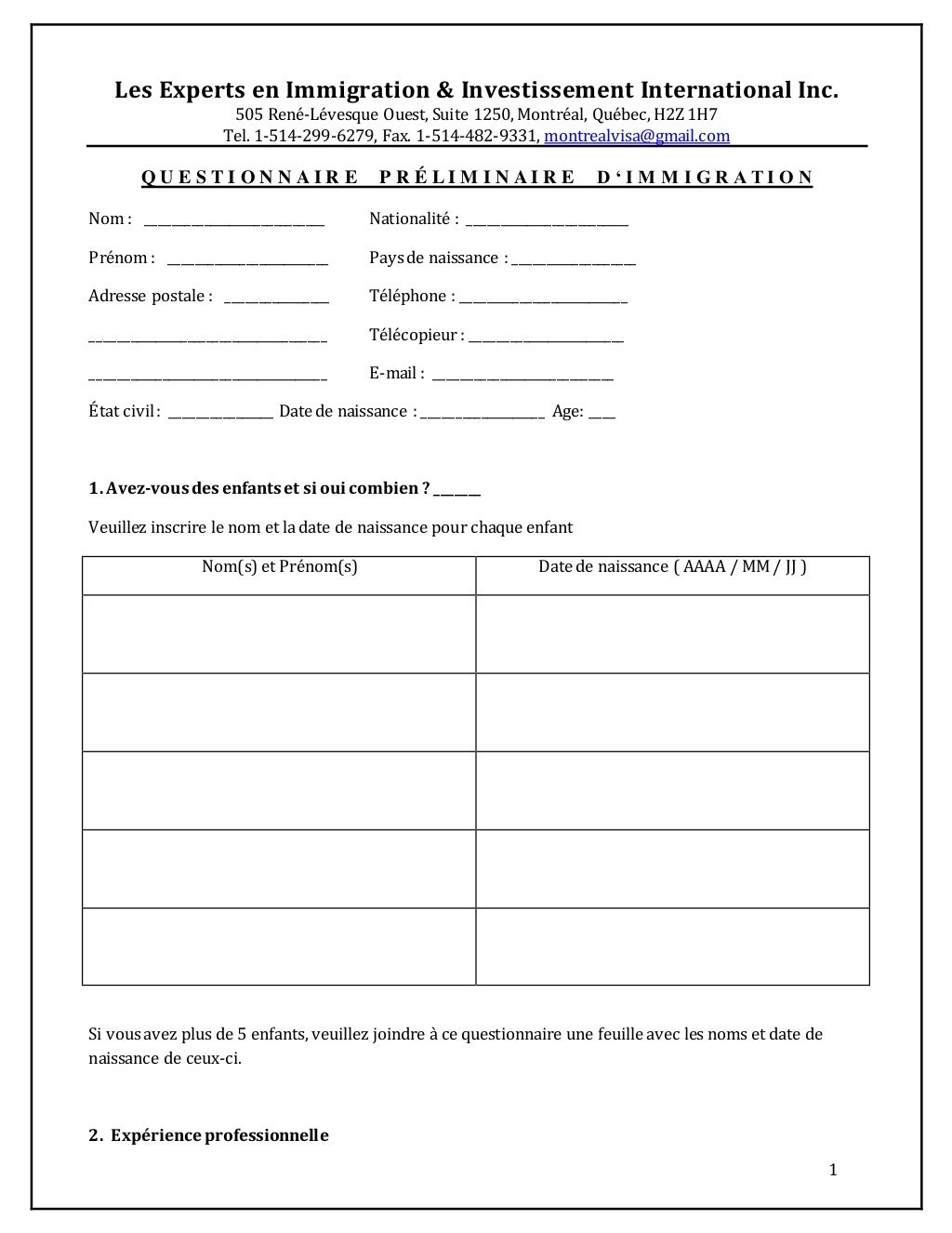 Questionnaire Préliminaire d'immigration
